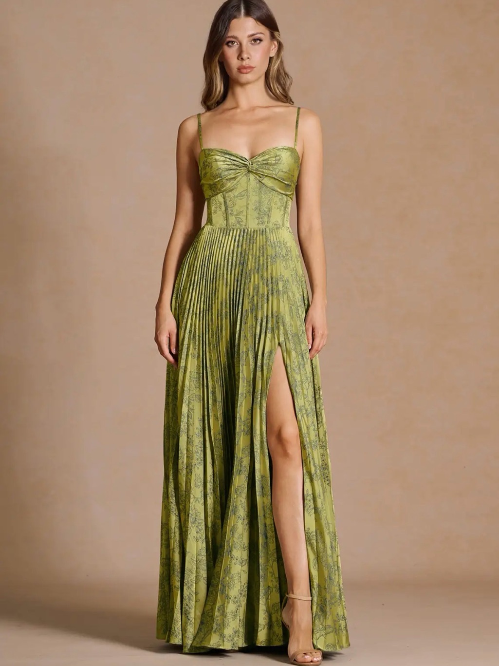 Vesper Moss Olive Pleated Maxi Dress With Side Slit